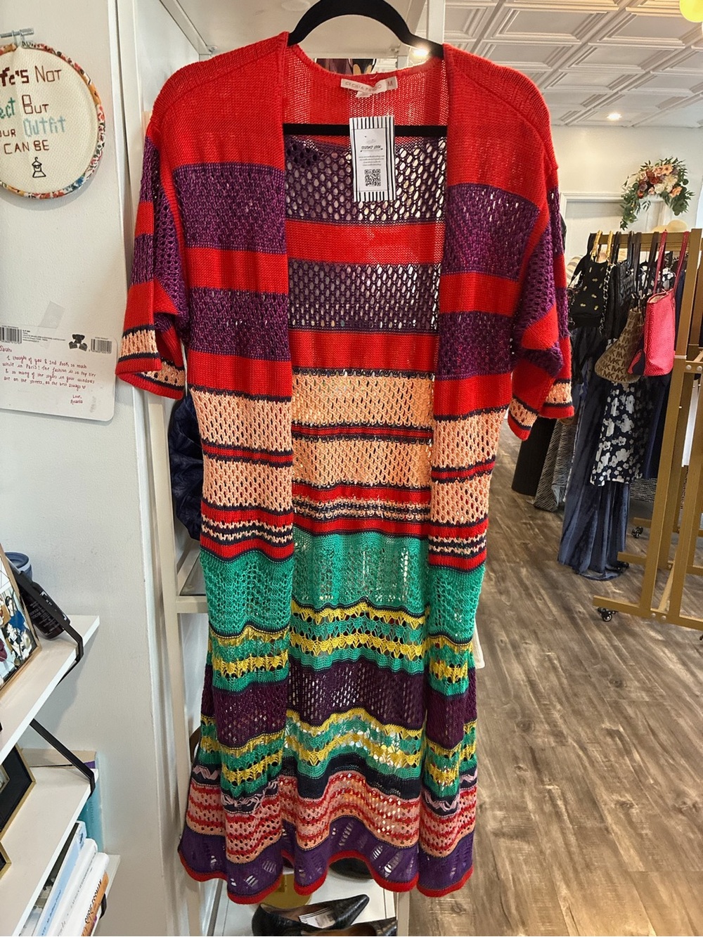 Colorblock Open-Knit Striped Women’s Tunic Cardigan - Multicolor